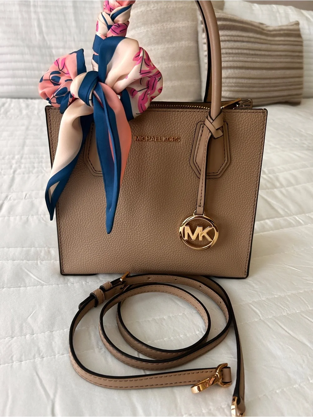 Michael Kors Beige Pebbled Leather Satchel with Gold MK Charm
